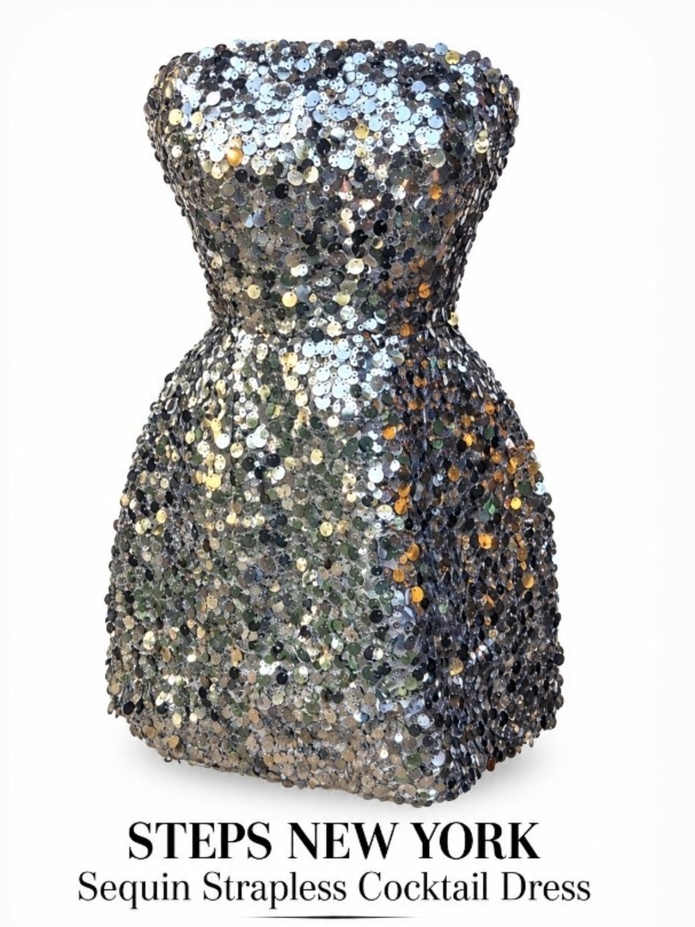Holiday Party Date Night Silver Sequin Strapless Cocktail Dress